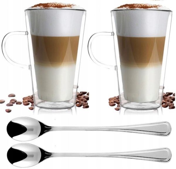 Vialli Design Latte stiklinės termopuodeliai 320 ml 2 vnt kavai arbatai ir šaukšteliai 2 vnt rinkinys