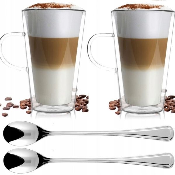 Vialli Design Latte stiklinės termopuodeliai 320 ml 2 vnt kavai arbatai ir šaukšteliai 2 vnt rinkinys